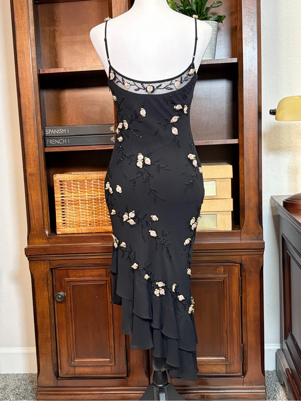 Sue Wong Vintage "Rare" Black Silk Floral Rosette Beaded Dress Size 6 Romantic - Picture 7 of 16